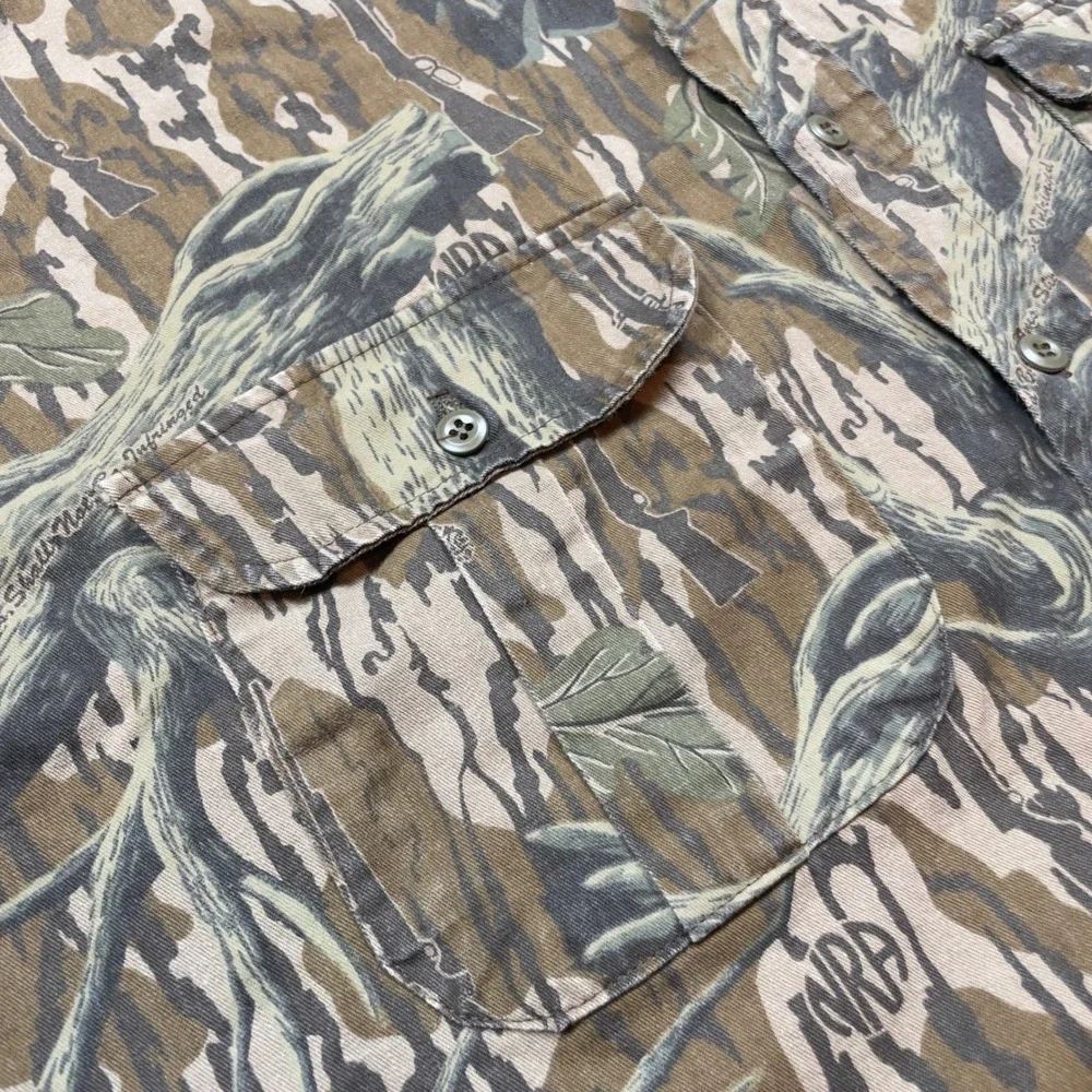 VTG 80s 90s NRA Gun Bark Camouflage Short Sleeve Button Up Shirt XL USA Hunting - Picture 3 of 9